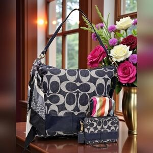 Coach Y2K Denim Legacy Hobo SET with Legacy Wristlet & Coach Denim Scarf